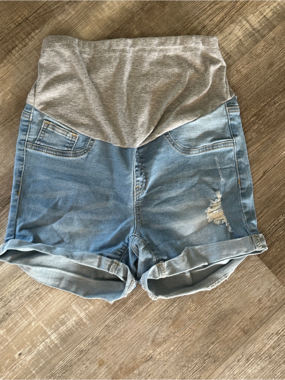 Denim Maternity Shorts with Gray Knit Panel - Light Blue